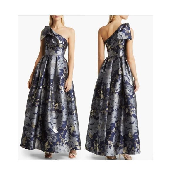 Eliza J Metallic Floral Asymmetric Gown - Picture 1 of 12